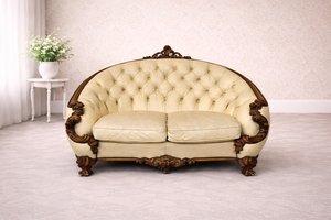 Luxusná pohovka s vyrezávaným dreveným rámom a koženým čalúnením