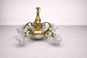 Mosadzný luster s deviatimi sklenenými kvetinovými tienidlami, štýl Secesie