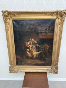 Olejomaľba v štýle Jana Steena s rodinnou scénou